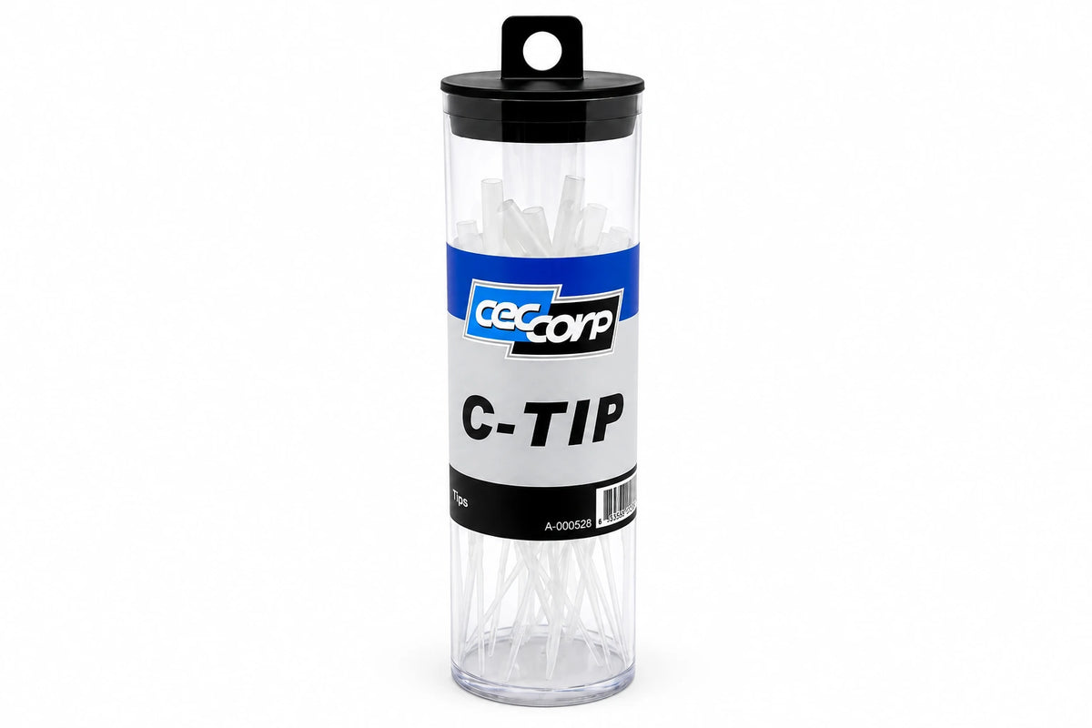 A clear plastic cylindrical container holding white C-tip fasteners, with a black screw-on lid and a gray-and-blue CECORP label reading C-TIP.