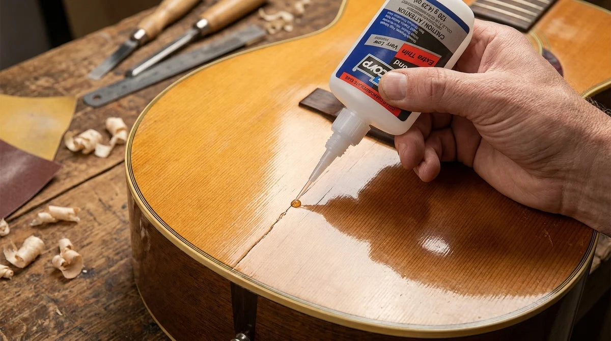Person applying Extra Thin super glue by CEC Corp to a guitar's soundboard with tools in the background