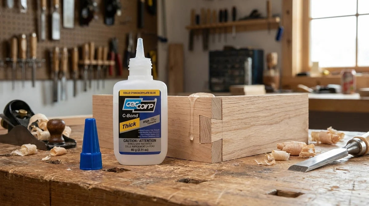 C-Bond Thick super glue bottle on a workbench with a wooden box and tools in the background